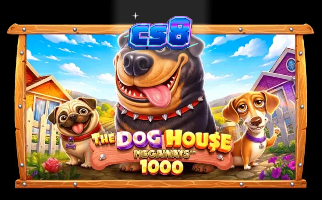 The Dog House Megaways 1000 slot machine interface featuring colorful cartoon dogs and countryside background