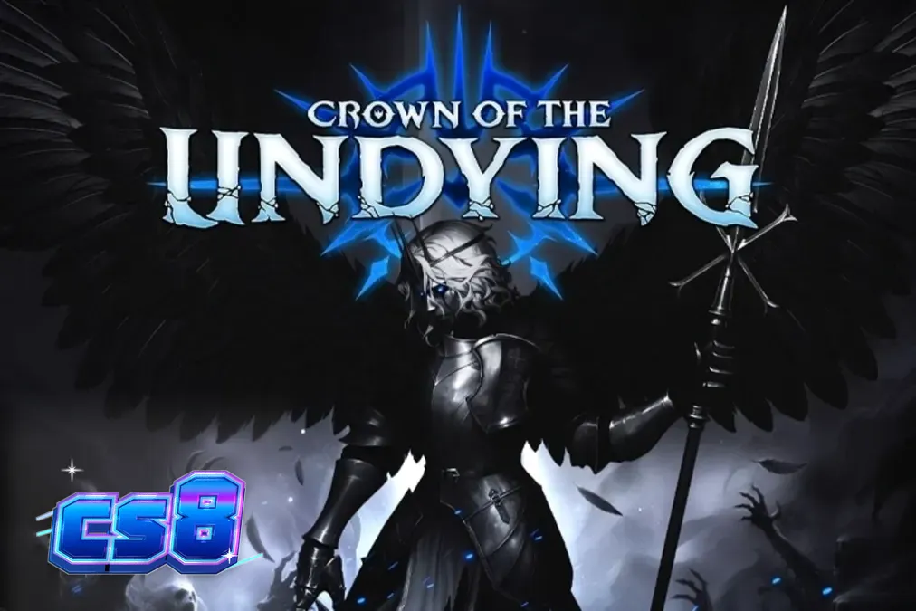 Cenário sombrio e gótico do slot Crown of the Undying com símbolos de guerreiros mortos-vivos
